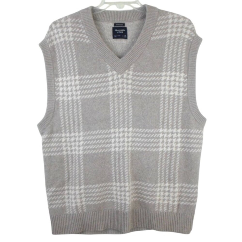 Abercrombie & Fitch Gray White Houndstooth Plaid Oversized V-Neck Sweater Vest
